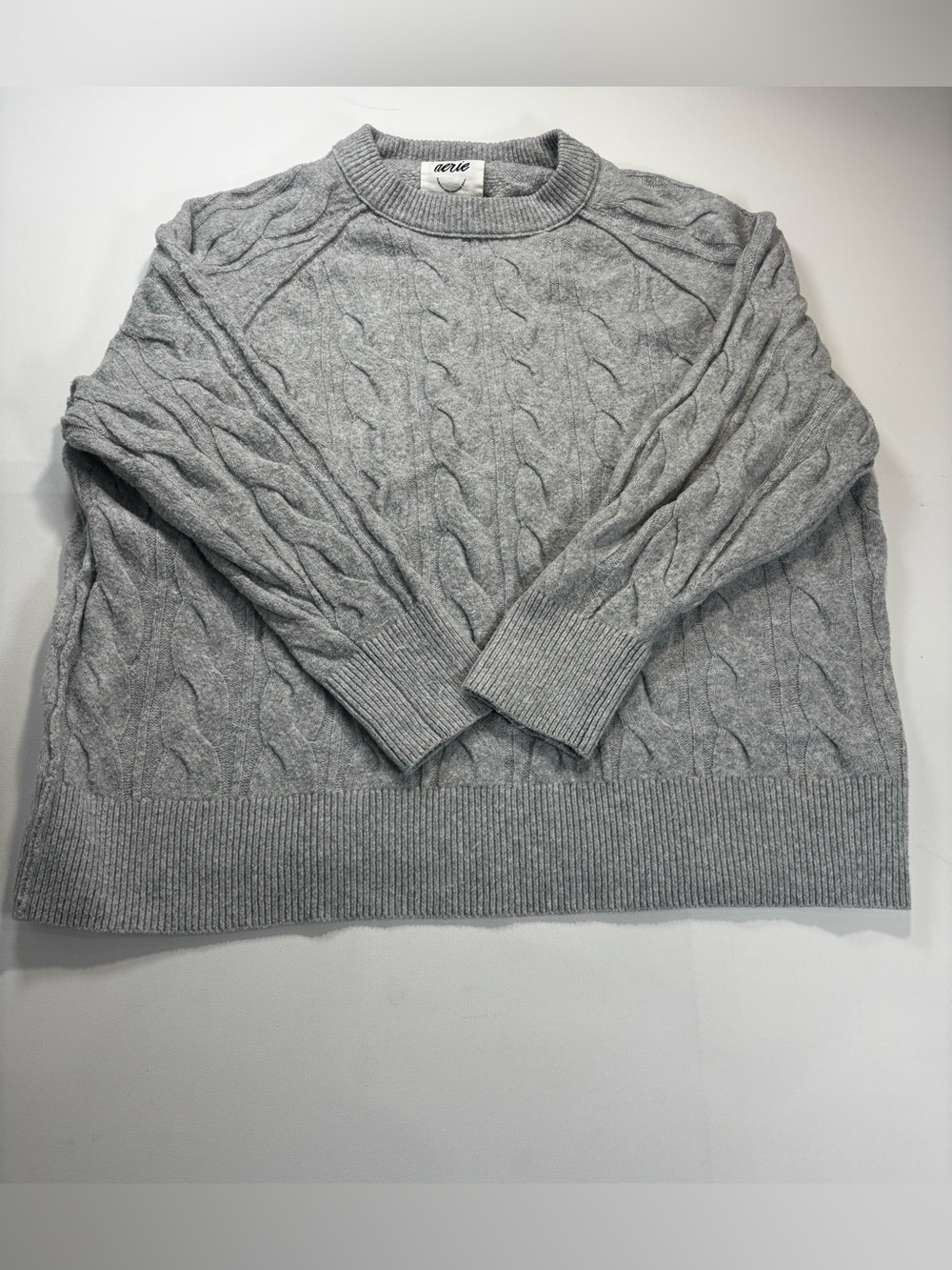 aerie Light Gray Cable Knit Crewneck Sweater